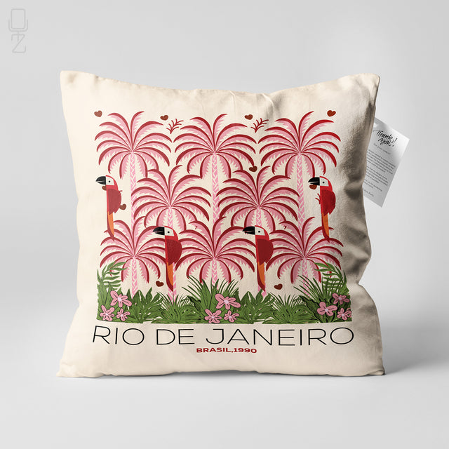 Rio de Janeiro Tropical Cushion Cover – Pink Palm & Parrot Art
