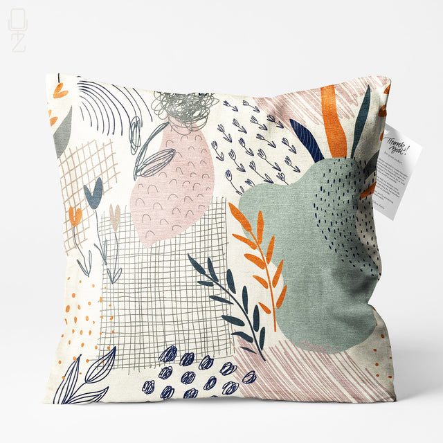 Abstract Leaves Cushion Cover with Green, Orange & Ivory Colours