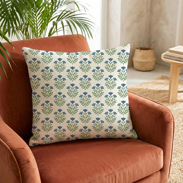 Blue Floral Block Print Soft Cushion Cover