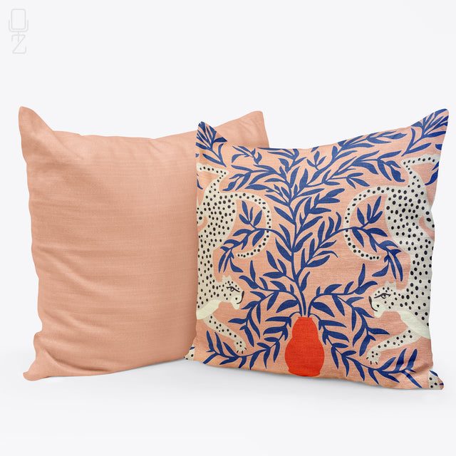 Set of 2 Pink Cushion Covers with Cheetahs & Leaves