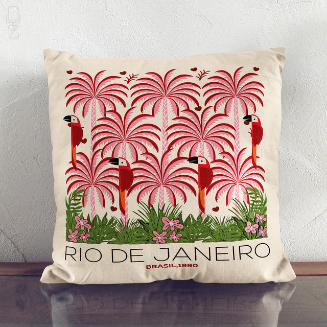 Rio de Janeiro Tropical Cushion Cover – Pink Palm & Parrot Art