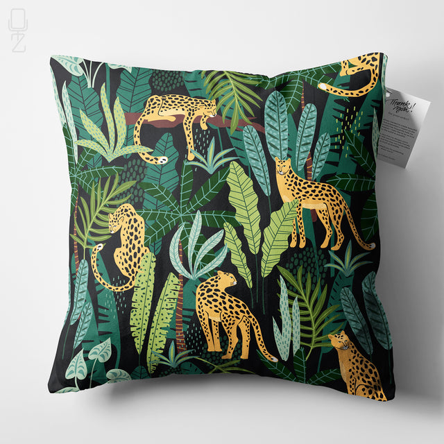 Tropical Green and Black Cushion with Leopard Themed