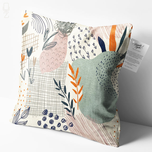 Abstract Leaves Cushion Cover with Green, Orange & Ivory Colours