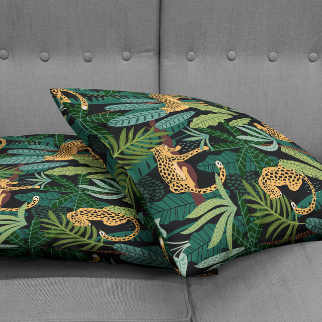 Tropical Green and Black Cushion with Leopard Themed