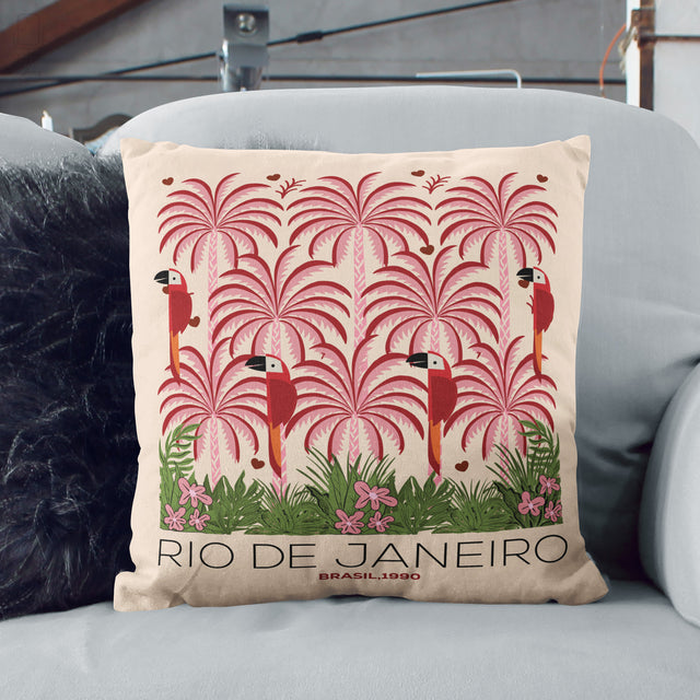 Rio de Janeiro Tropical Cushion Cover – Pink Palm & Parrot Art