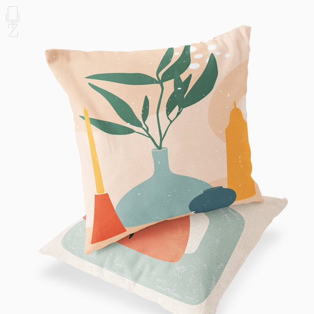 Set of 2 Minimalist Cushion Covers with Leaves & Vases