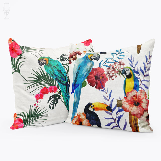 Set of 2 Tropical Cushion Covers with Parrots & Florals