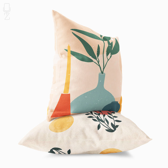 Set of 2 Minimalist Cushion Covers with Leaves & Vases