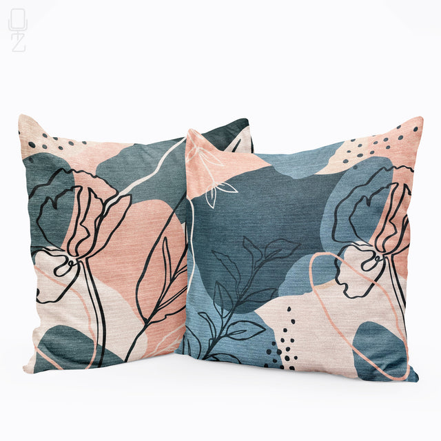 Set of 2 Cushion Cover with Pink & Grey Abstract Leaves