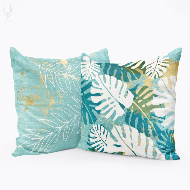 Set of 2 Tropical Turquoise Cushion Covers with Leaves