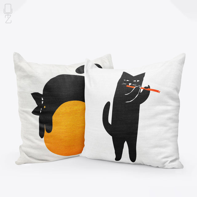 Set of 2 Black Cat Cushion Covers