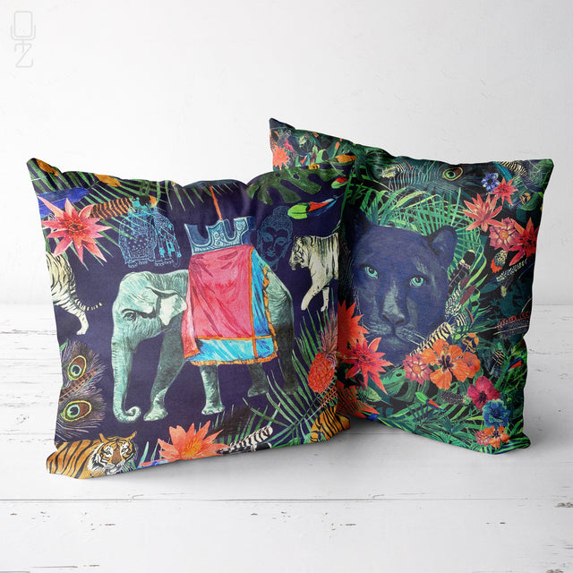 Set of 2 Cushion Covers with Panther & Elephant