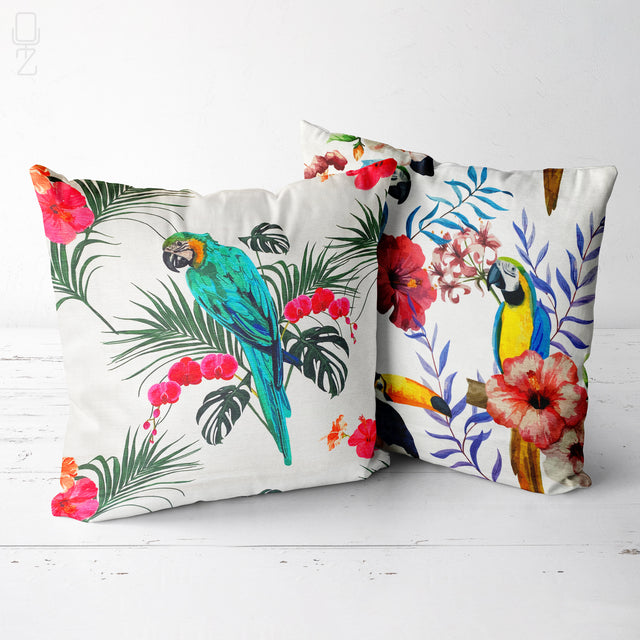 Set of 2 Tropical Cushion Covers with Parrots & Florals