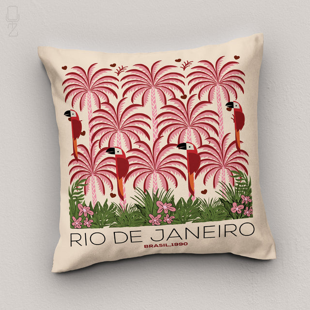 Rio de Janeiro Tropical Cushion Cover – Pink Palm & Parrot Art