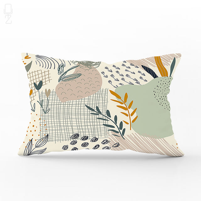 Abstract Leaves Cushion Cover with Green, Orange & Ivory Colours