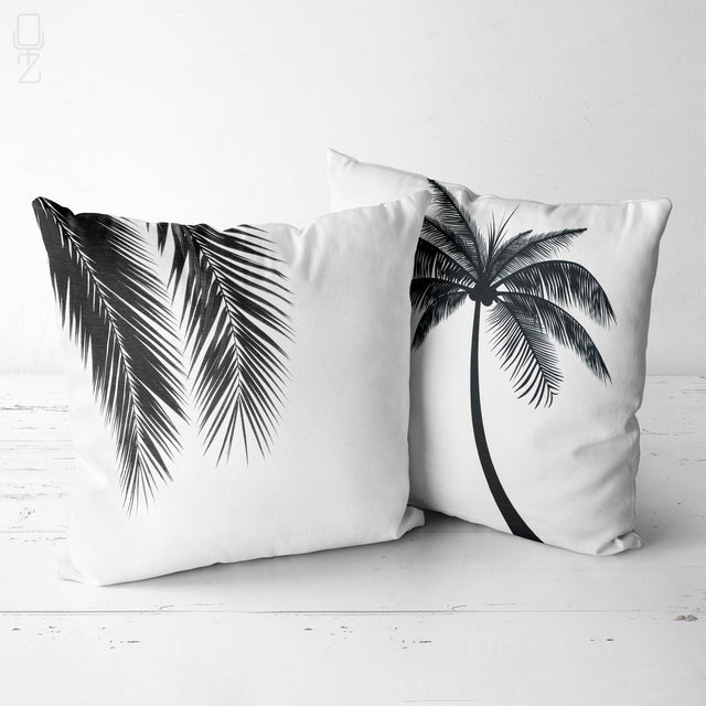 Set of 2 White Cushion Covers Black Palm Tree & Leaves