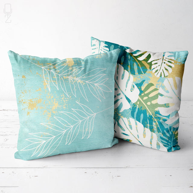 Set of 2 Tropical Turquoise Cushion Covers with Leaves