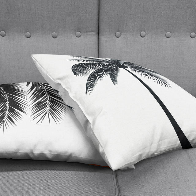 Set of 2 White Cushion Covers Black Palm Tree & Leaves