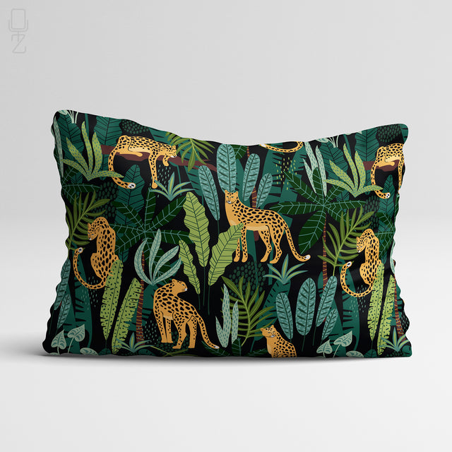Tropical Green and Black Cushion with Leopard Themed
