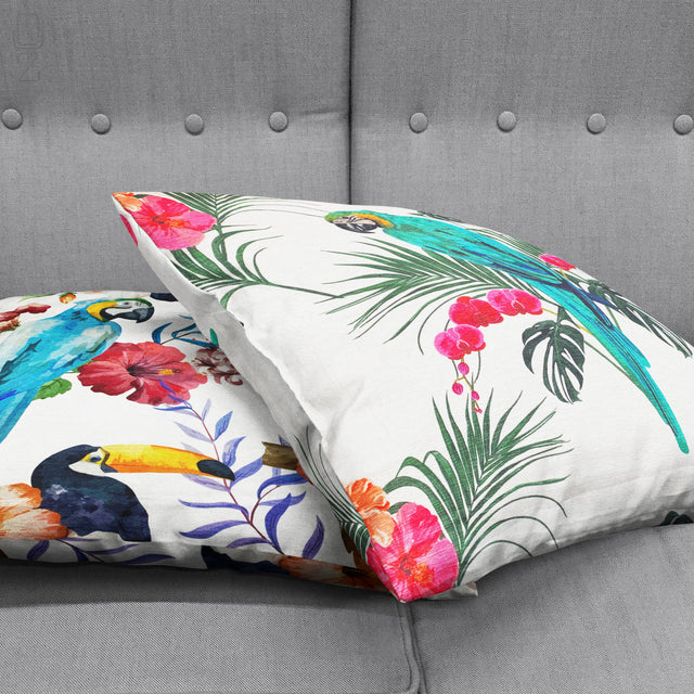 Set of 2 Tropical Cushion Covers with Parrots & Florals