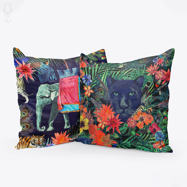 Set of 2 Cushion Covers with Panther & Elephant