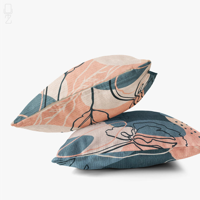 Set of 2 Cushion Cover with Pink & Grey Abstract Leaves