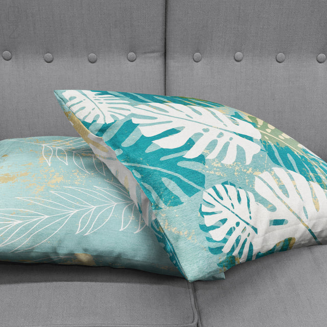 Set of 2 Tropical Turquoise Cushion Covers with Leaves