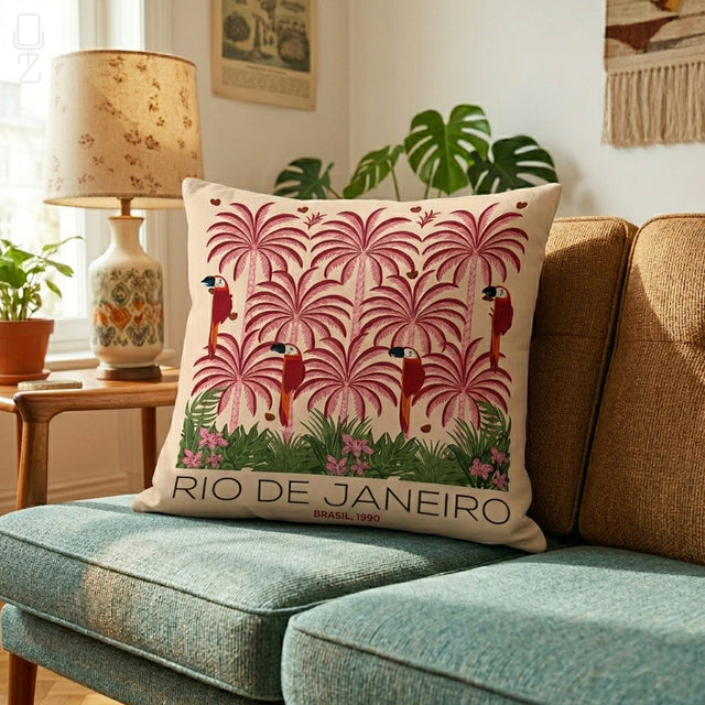 Rio de Janeiro Tropical Cushion Cover – Pink Palm & Parrot Art