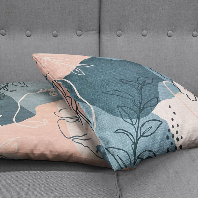 Set of 2 Pillow Cover with Pink & Grey Leaves