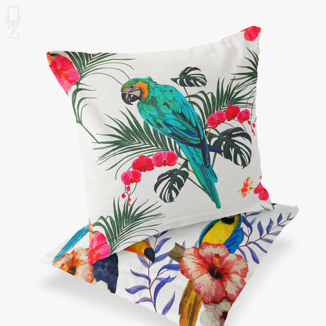 Set of 2 Tropical Cushion Covers with Parrots & Florals