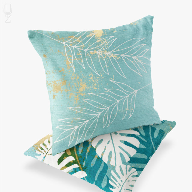 Set of 2 Tropical Turquoise Cushion Covers with Leaves