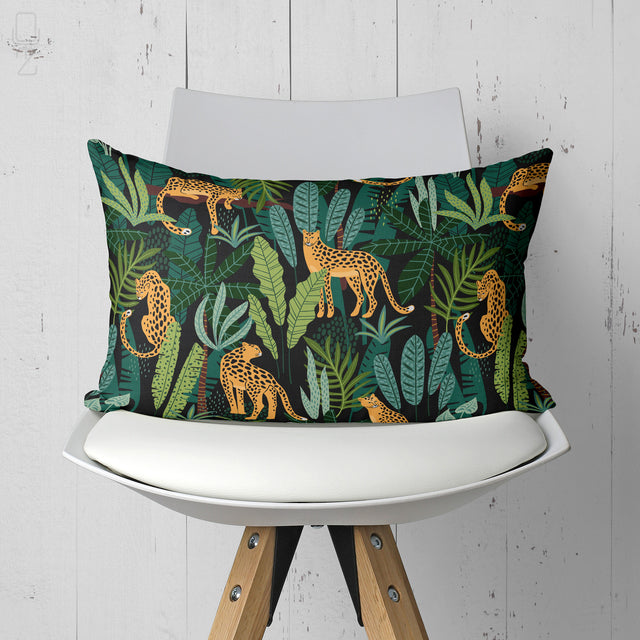 Tropical Green and Black Cushion with Leopard Themed