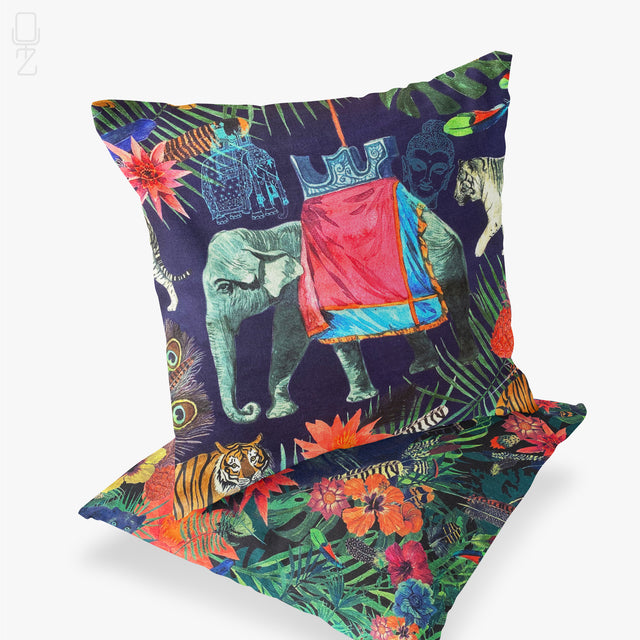 Set of 2 Cushion Covers with Panther & Elephant