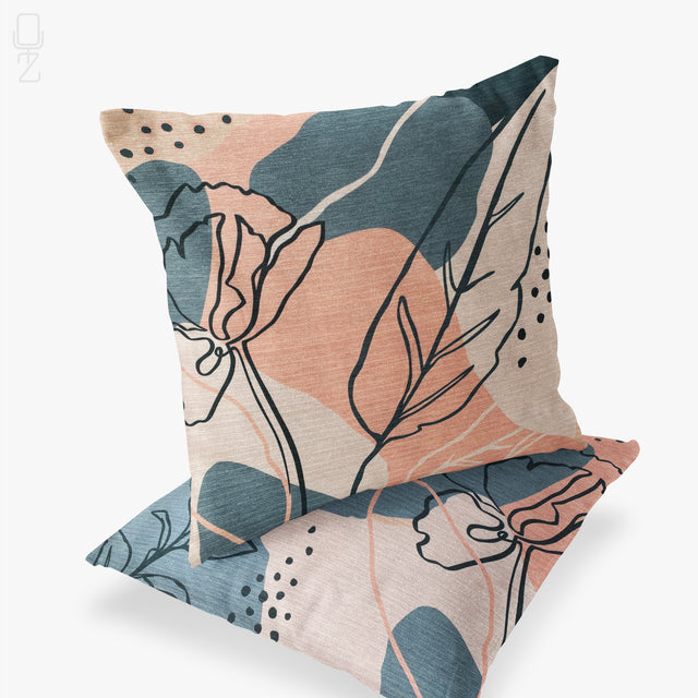 Set of 2 Cushion Cover with Pink & Grey Abstract Leaves