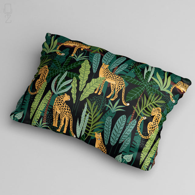 Tropical Green and Black Cushion with Leopard Themed