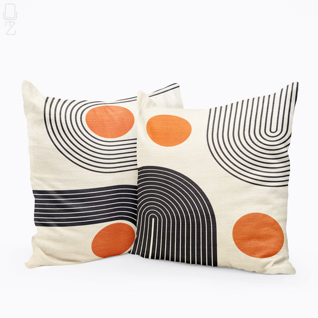 Set of 2 Abstract Cushion Covers with Orange & Black