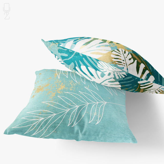 Set of 2 Tropical Turquoise Cushion Covers with Leaves