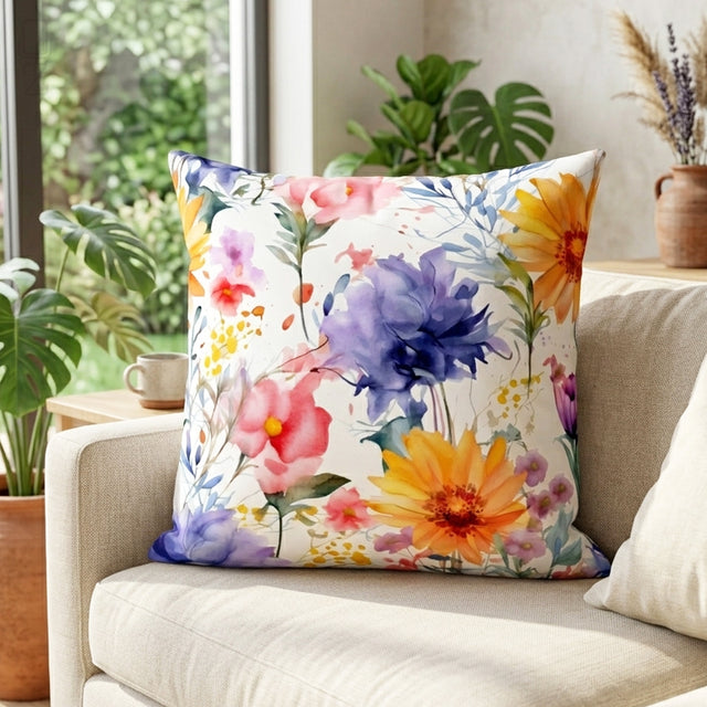 Watercolor Wildflower Cushion Cover - Floral Throw Pillow