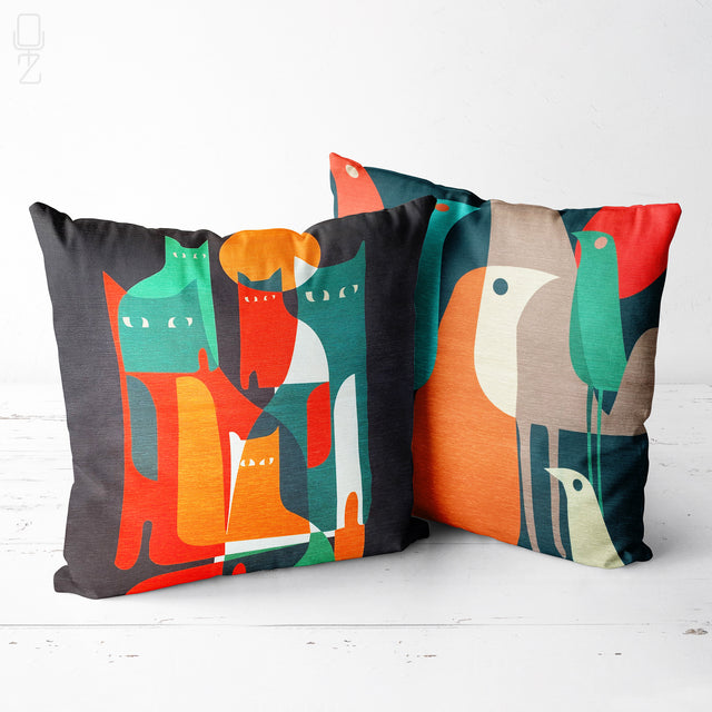 Set of 2 Cushion Covers with Cat & Bird Themed