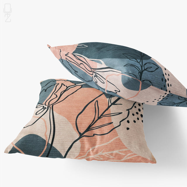 Set of 2 Cushion Cover with Pink & Grey Abstract Leaves