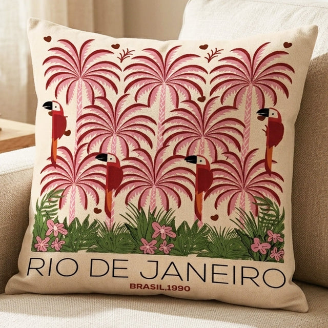 Rio de Janeiro Tropical Cushion Cover – Pink Palm & Parrot Art