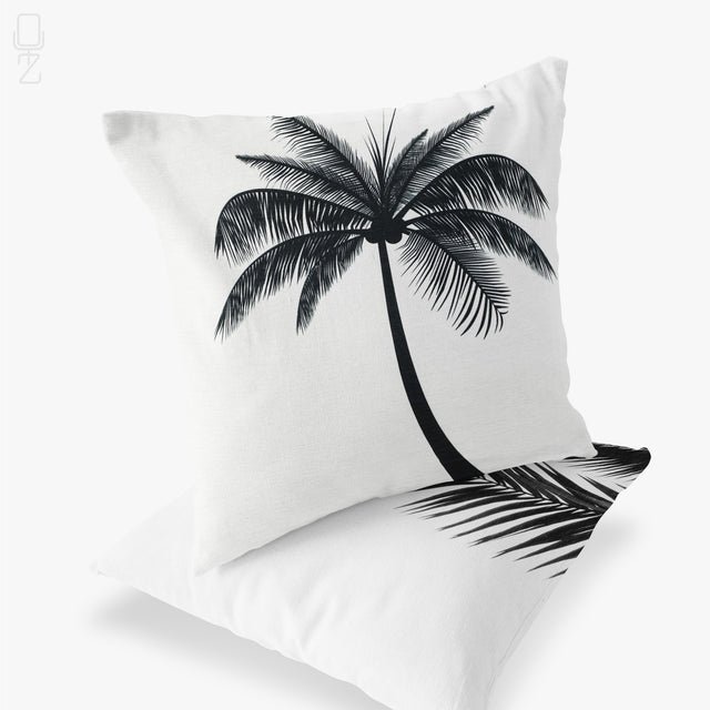 Set of 2 White Cushion Covers Black Palm Tree & Leaves