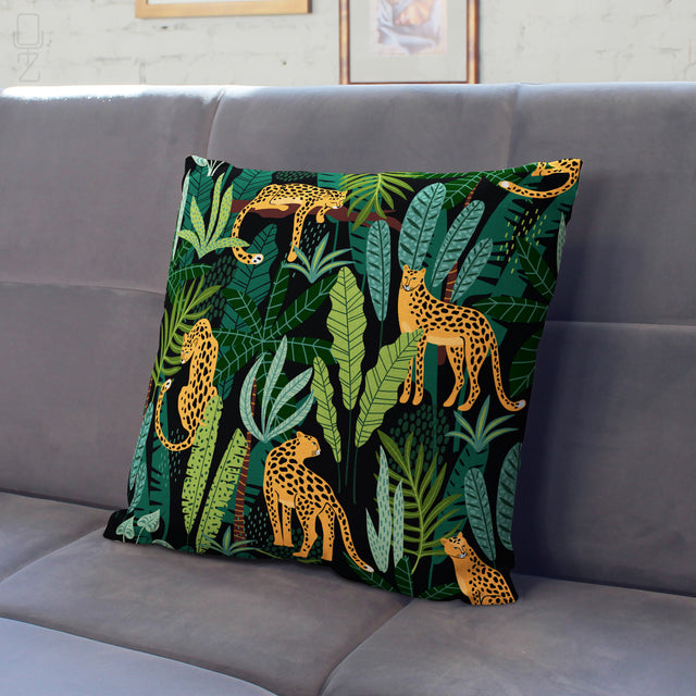 Tropical Green and Black Cushion with Leopard Themed
