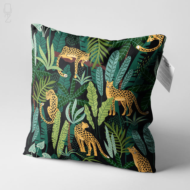 Tropical Green and Black Cushion with Leopard Themed
