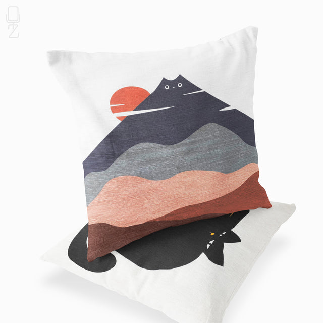 Set of 2 Cushion Covers with Mountain & Black Cat