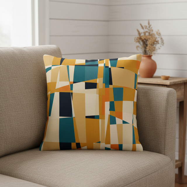 Mustard and Teal Geometric Abstract Cushion Cover