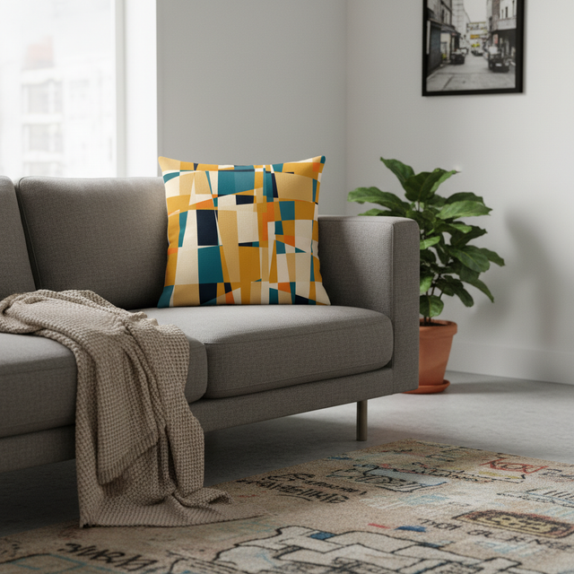 Mustard and Teal Geometric Abstract Cushion Cover
