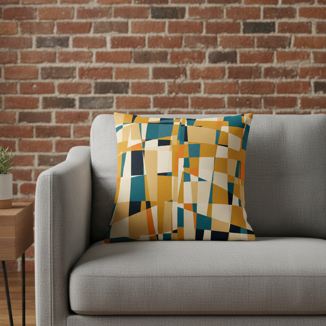 Mustard and Teal Geometric Abstract Cushion Cover