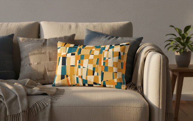 Mustard and teal geometric oblong cushion cover for modern home decor