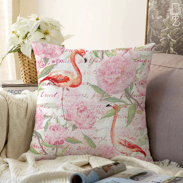Pillow Cover with Red Flamingo and Pink Flowers